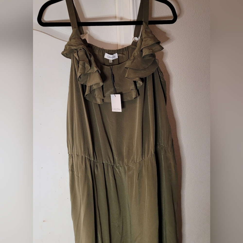Calvin Klein Olive Green Silk Ruffle Front Dress, NWT - Picture 5 of 6